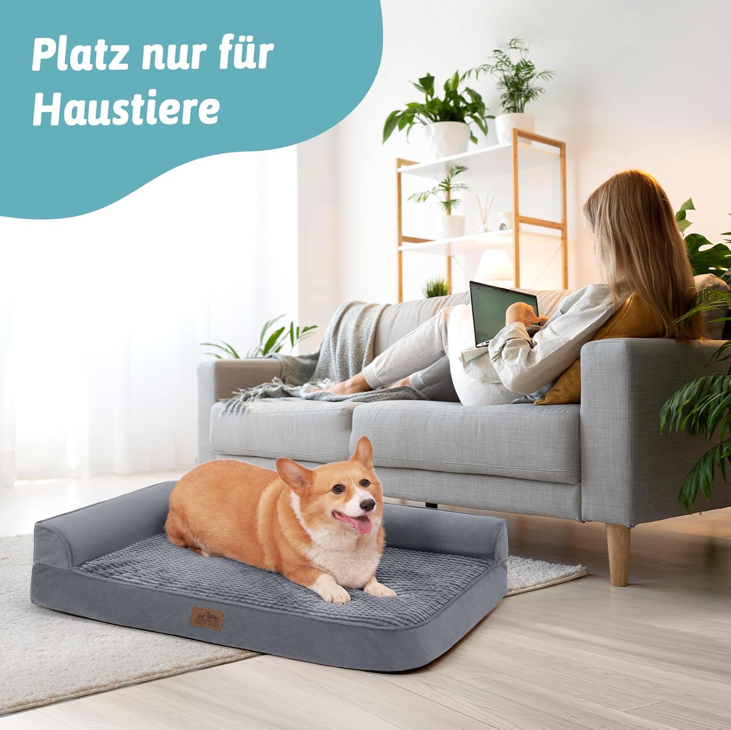 Detalle 2 de COZY KISS Orthopedic Dog Bed for Large Dogs (L Shape) – Waterproof Cover, Anti-Slip, Washable – Grey, 107x76x19cm