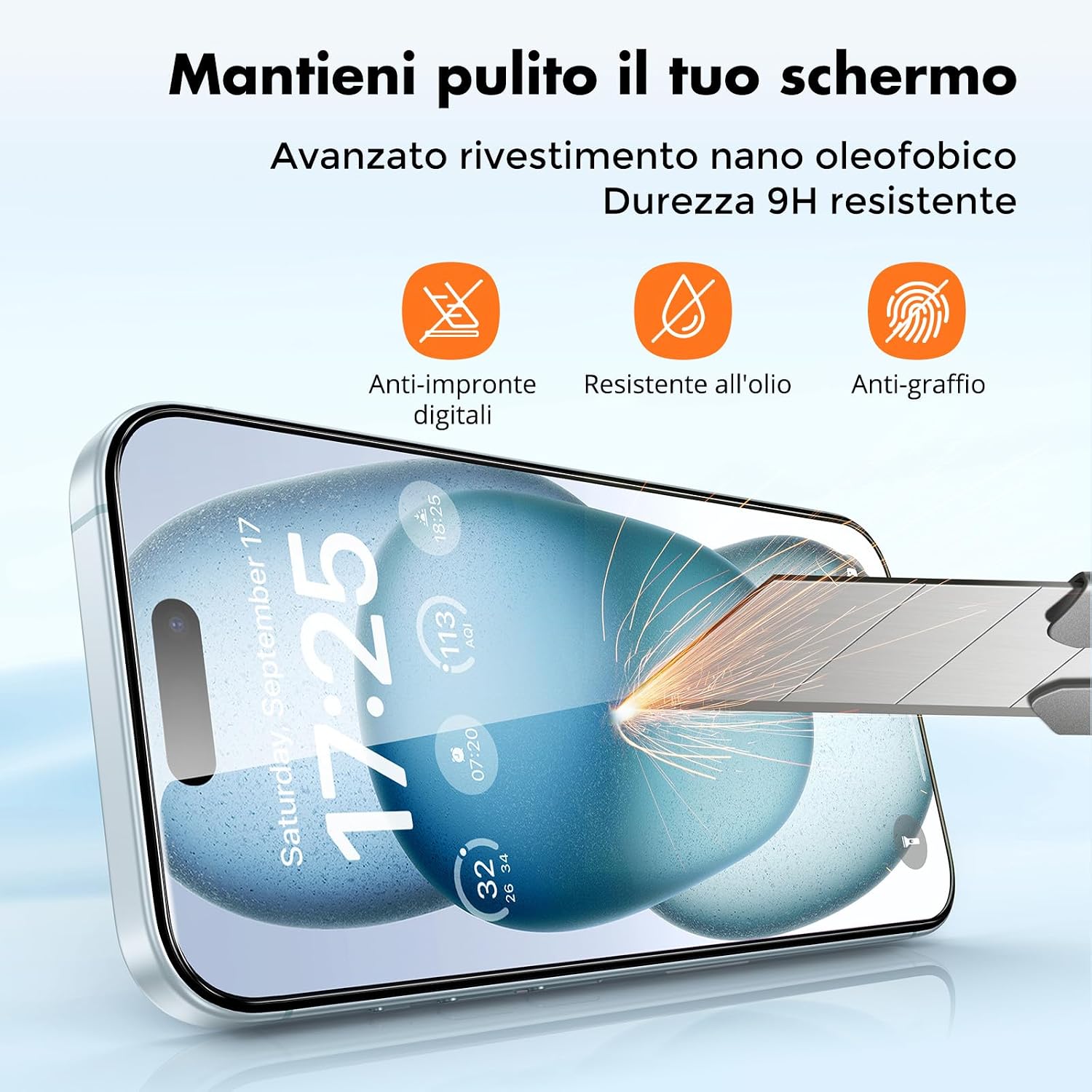 Detalle 2 de UNBREAKcable 3 Pellicole Vetro per iPhone 15 6,1" – Protezione 9H, Trasparente, Installazione Facile