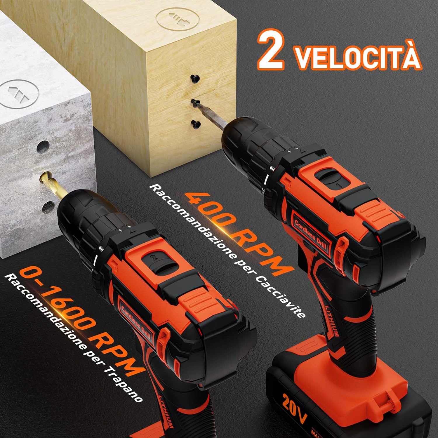 Detalle de Trapano Avvitatore a Batteria 20V con 2 Batterie 2.0Ah – Max 42Nm, 25+1 Coppia, LED e 24 Accessori