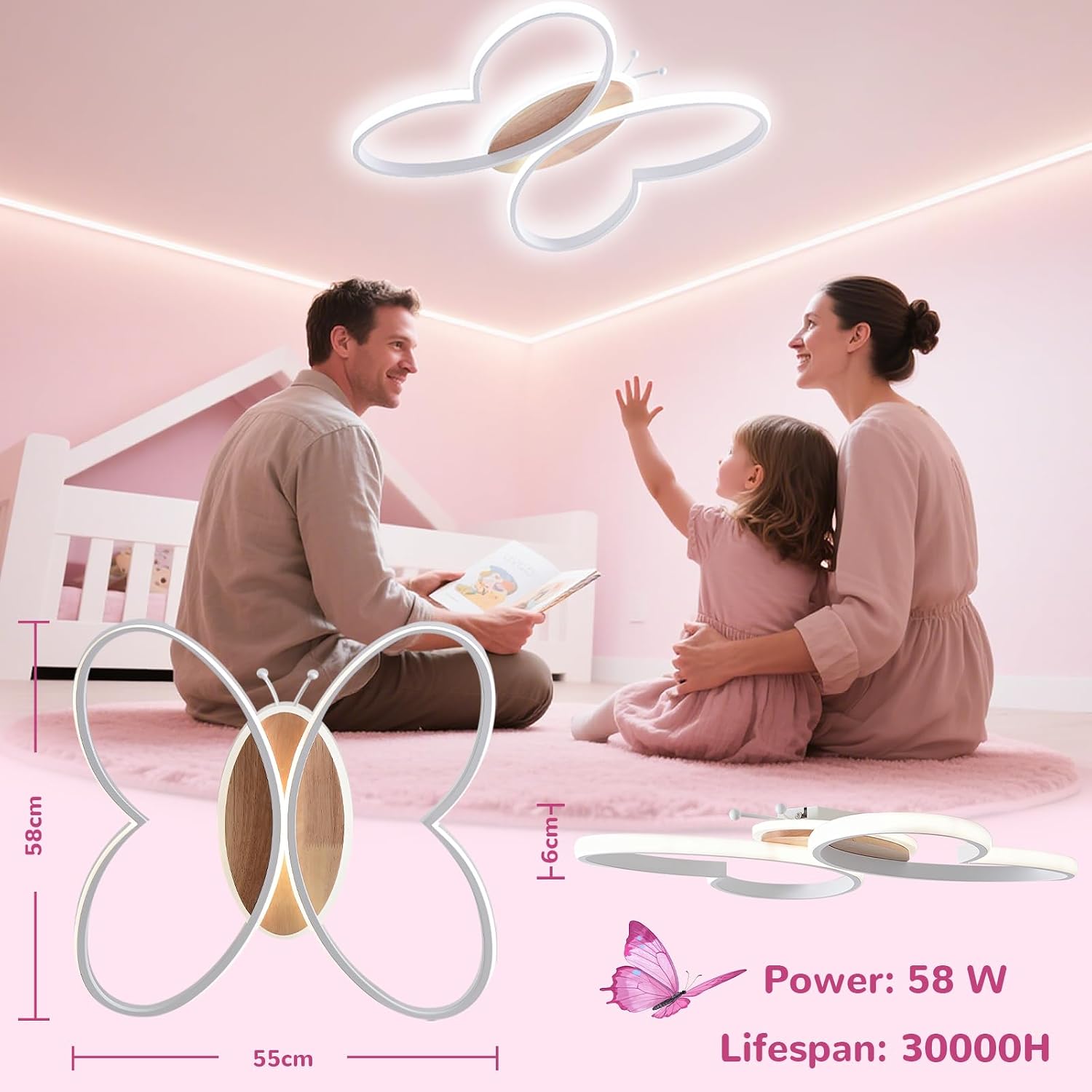 Detalle de Dythwron Lampada da soffitto a forma di farfalla per cameretta – LED 58W, 5800lm, 58 cm