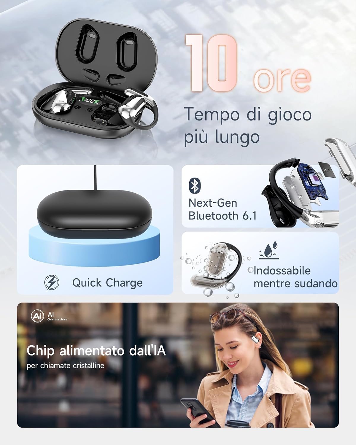 Detalle 2 de Cuffie Bluetooth Auricolari Bluetooth 5.4 Open Ear - Sport, 50 Ore di Riproduzione, IP7, Open Ear Perfette per iOS & Android