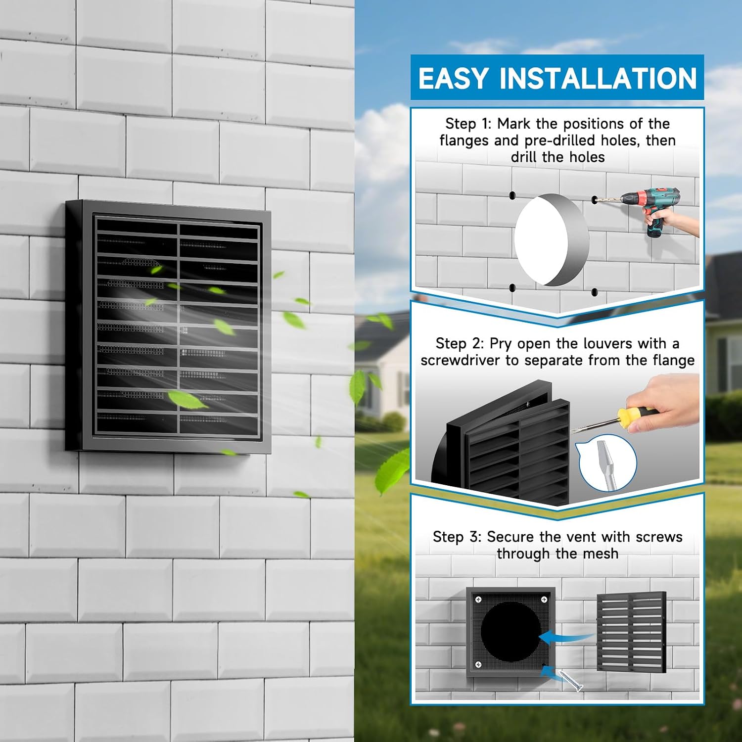 Thumbnail 4 de Hon&Guan 100mm Black Louvred Wall Vent Grille with Flyscreen