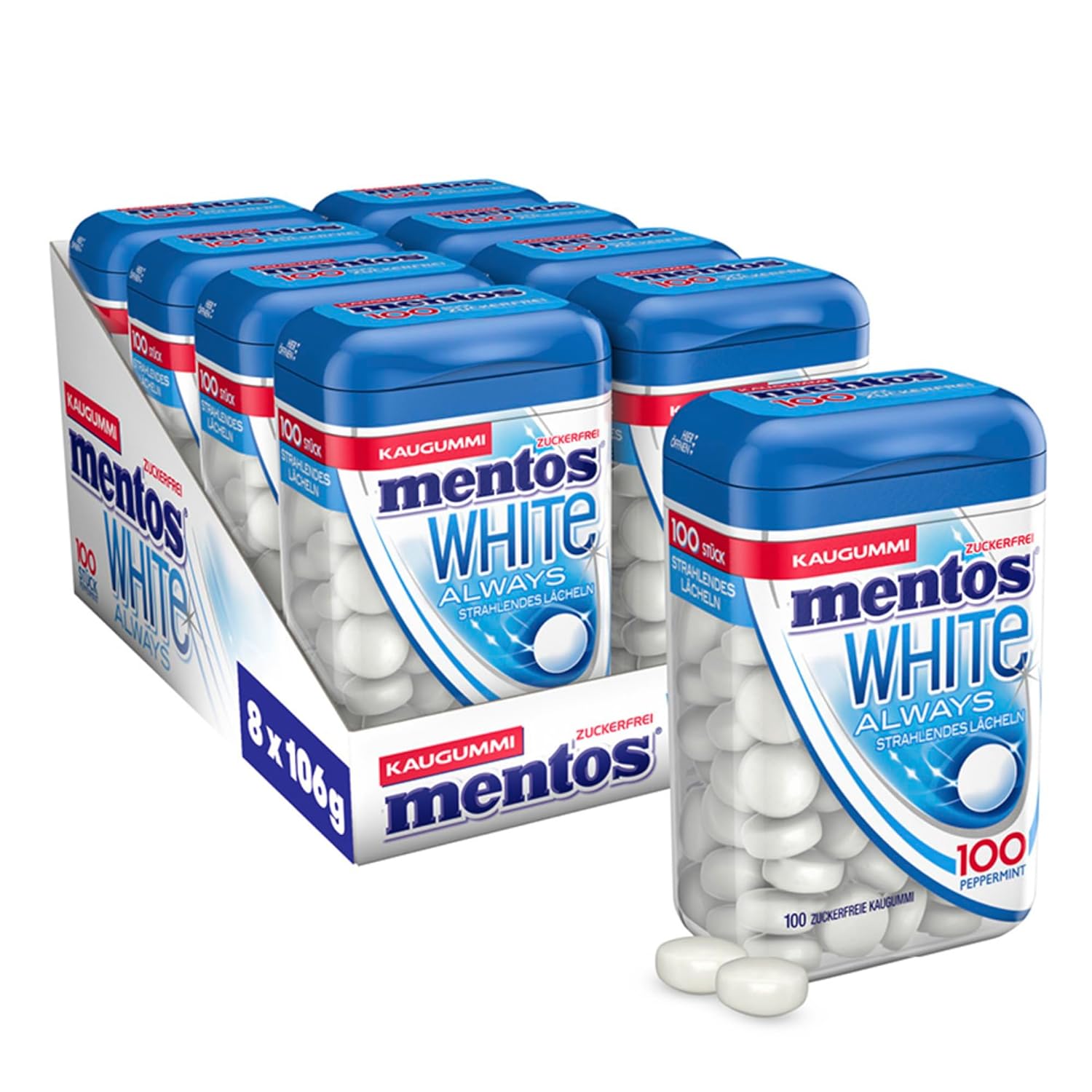 Detalle de Mentos Kaugummi Always White – 8 XL-Dosen, zuckerfrei, Pfefferminz-Geschmack, 800 Dragees