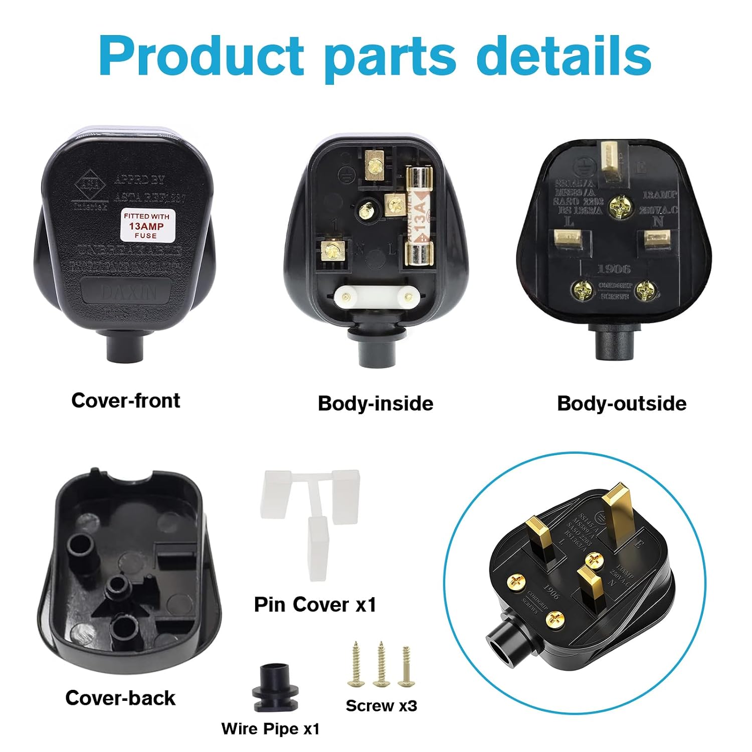 Detalle 2 de 18 Pack Rubber Composite 13A Fused 3-Pin UK Mains Plugs with Cord Grip (Rewireable) – Black