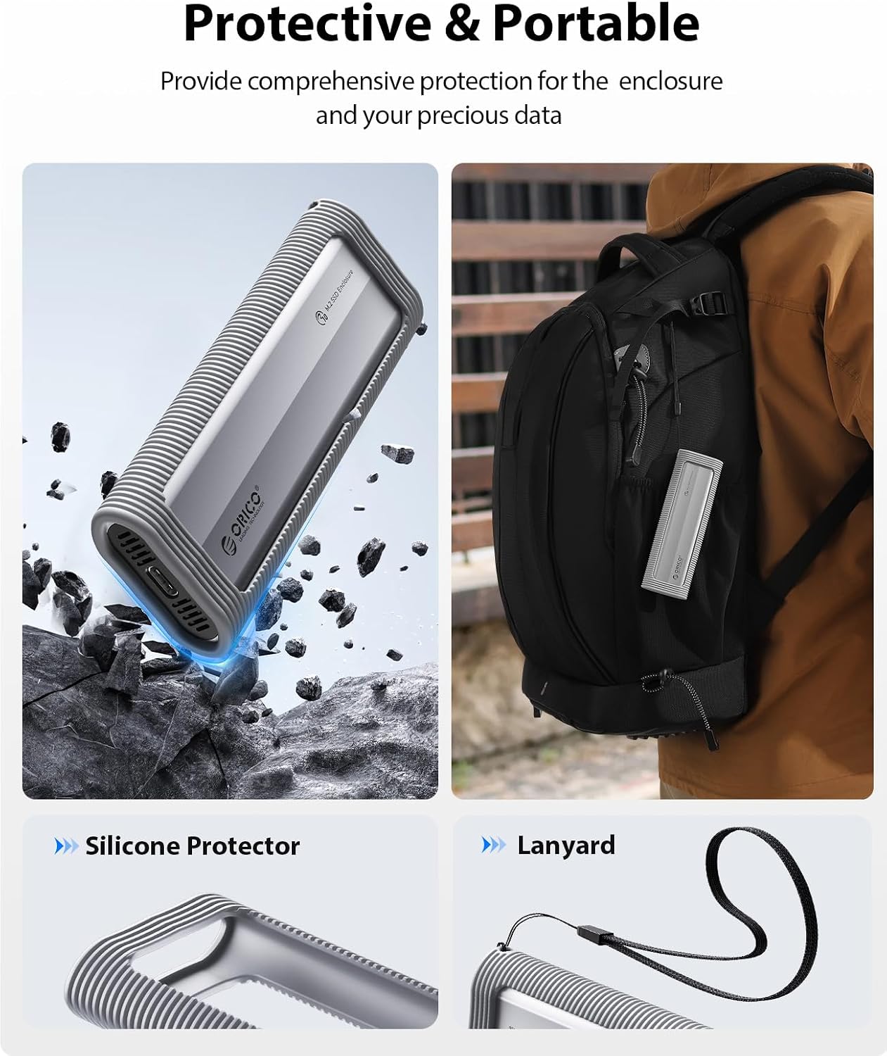 Detalle de ORICO Boîtier SSD M.2 NVMe sans outil AXM2 (USB 3.2 10Gbps) avec protection silicone et dragonne