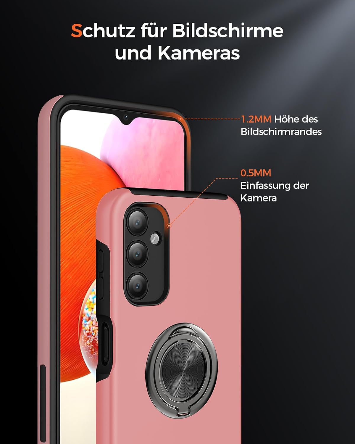 Detalle 2 de KRAFTCARE Hülle für Samsung Galaxy A14 5G mit 360° Ring, Schutzfolie & robustem Stoßschutz – Rosa