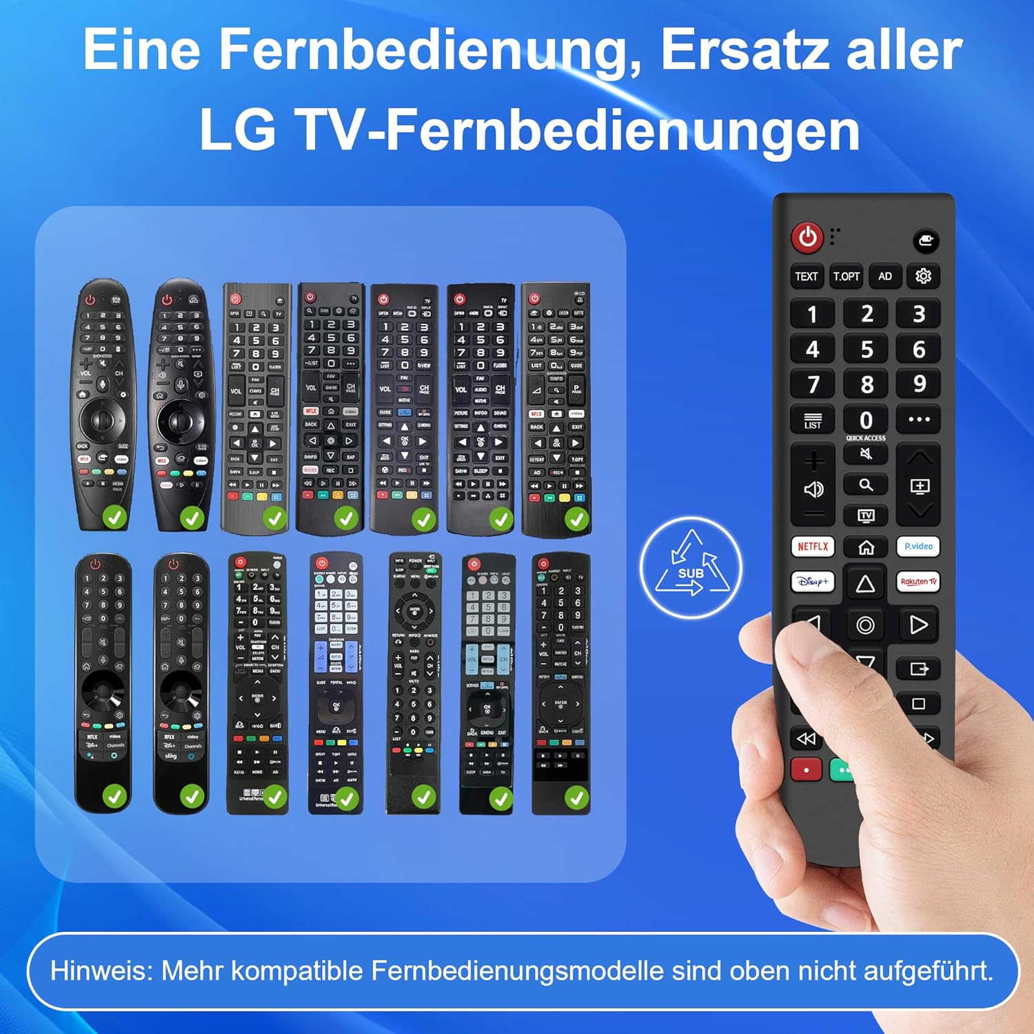Detalle de ZYK Ersatz für LG Smart TV Fernbedienung – universelle IR-Fernbedienung mit Schnellzugriffstasten (Netflix, Prime Video, Disney+, Rakuten TV)