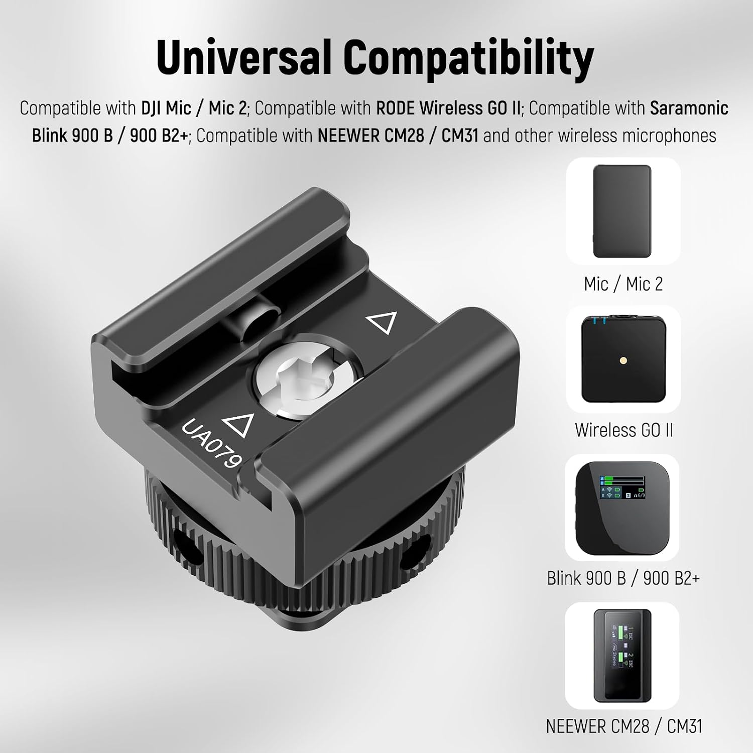 Detalle 2 de NEEWER Adattatore Cold Shoe UA079 per ricevitori microfono wireless (DJI Mic 2 / Rode Wireless GO II / Saramonic / NEEWER) con contatto offset
