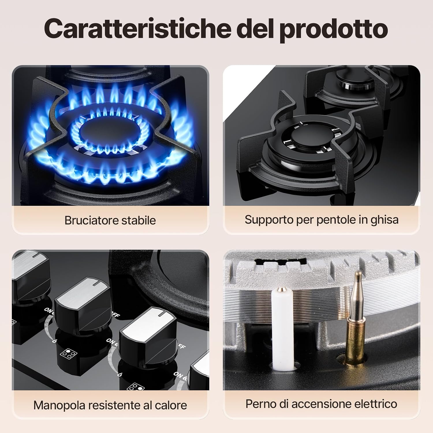 Thumbnail 5 de WEHIMO Piano Cottura a Gas 4 Fuochi da Incasso 60 cm – Vetro Nero, 7800W, Protezione Flame-Out