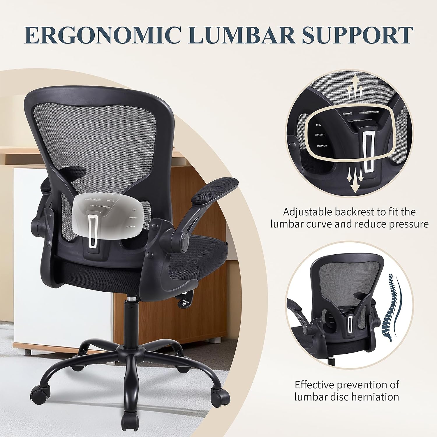 Detalle 2 de Youhauchair YC-5001BK Mesh Office Chair with Lumbar Support and Flip-up Arms