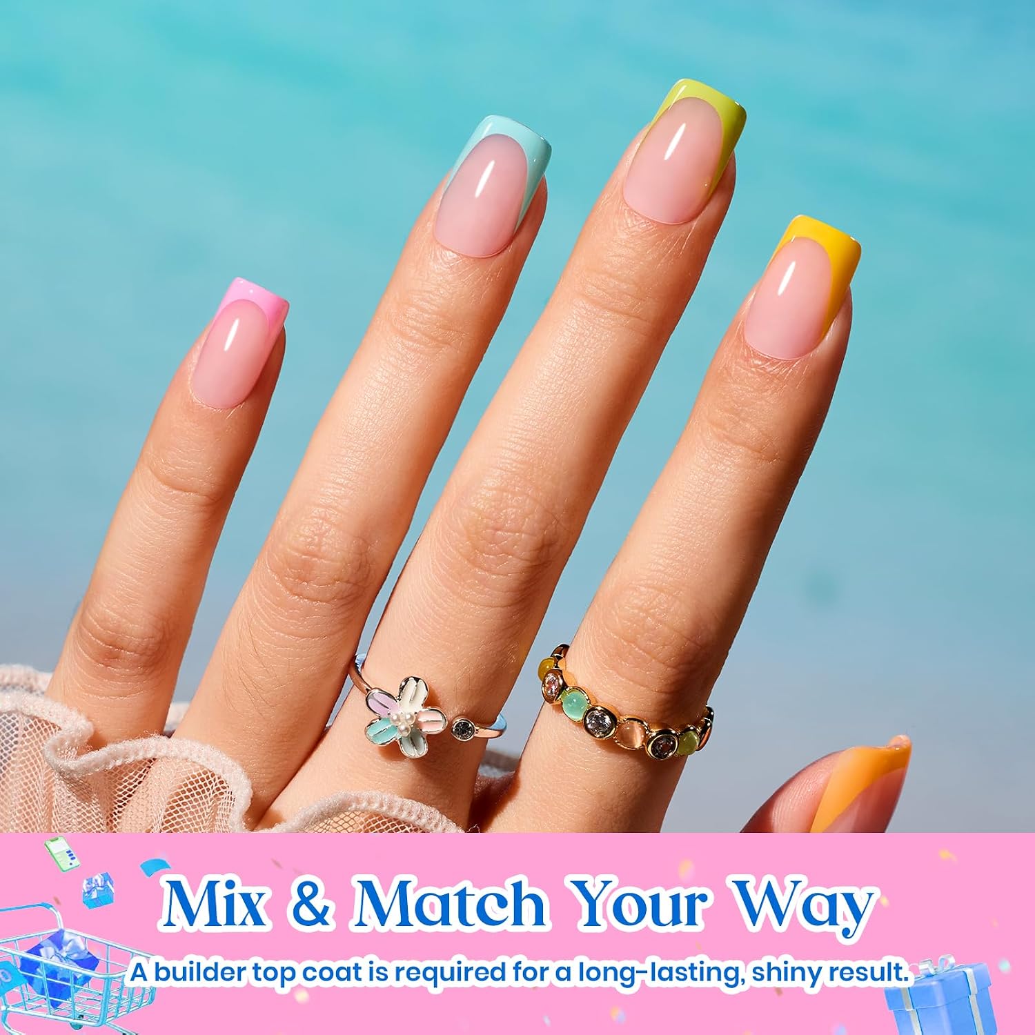 Detalle de Beetles Summer Press On Nails (224 pcs, 7 colors) Short Square French Tip False Nails