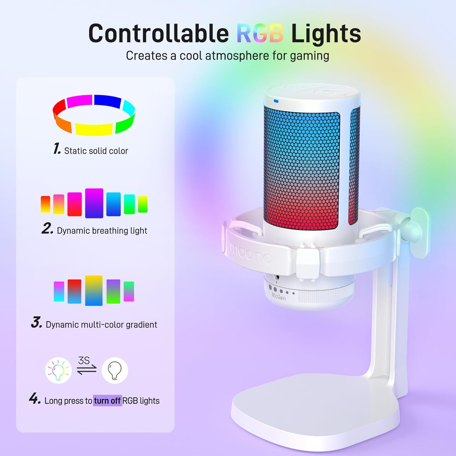 Thumbnail 2 de MAONO DGM20 USB Condenser Microphone (RGB gaming mic with mute button and gain knob) – White