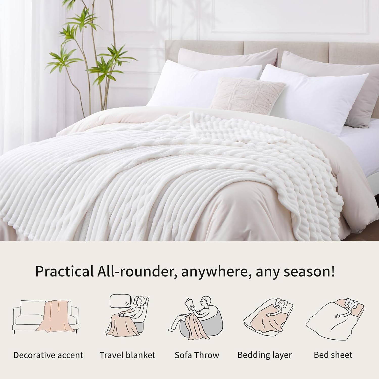 Thumbnail 6 de RUIKASI Fleece Throw Blanket for Sofa (150x200cm) – Double Fluffy White Ribbed Sofa & Bed Throw