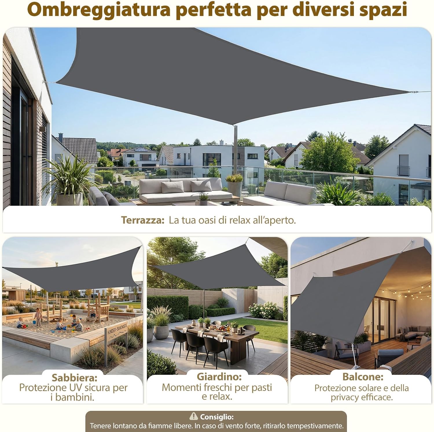 Detalle de Sekey Vela Ombreggiante Impermeabile 2x3m senza cucitura – Anelli Inox, PES 160g/m², UV 95%, Antracite