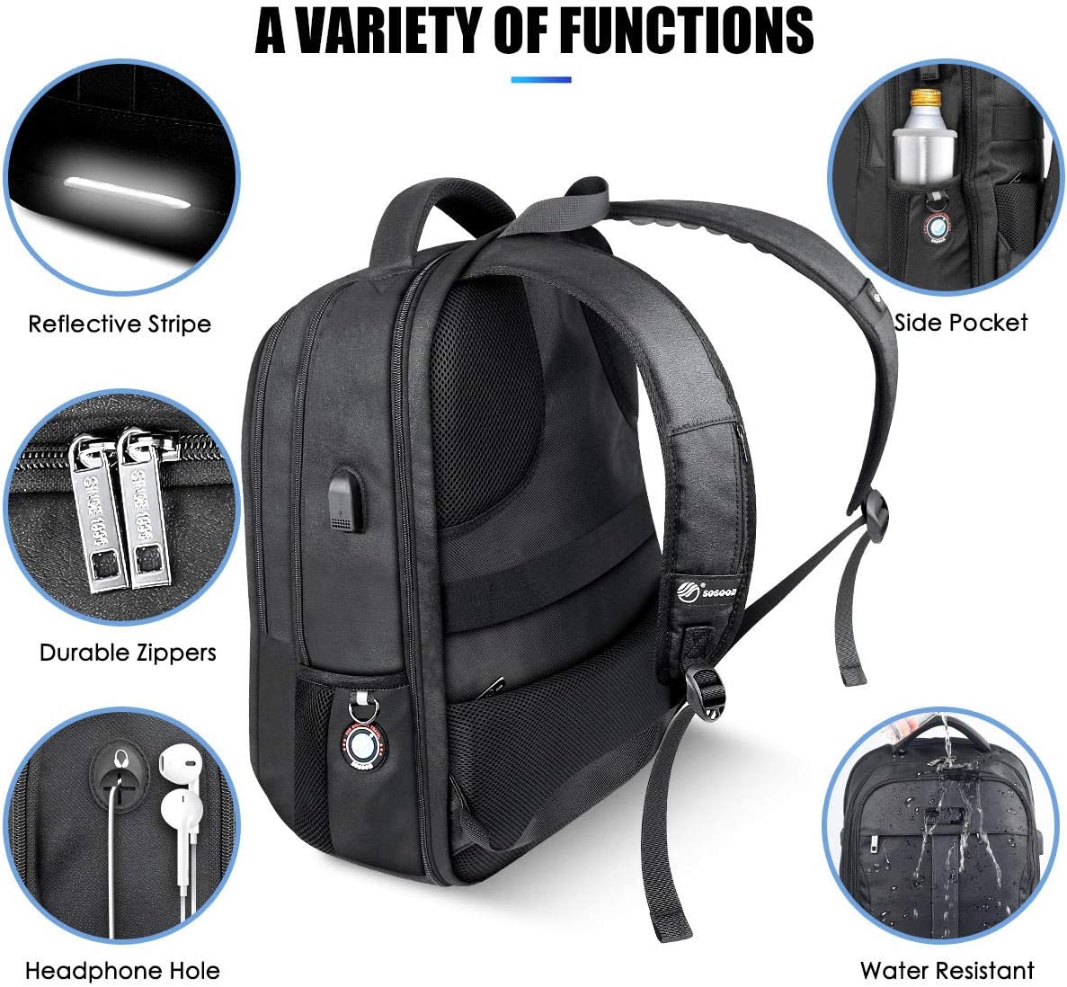 Thumbnail 6 de Sosoon Laptop Backpack: Anti-Theft 30L Travel & Work Rucksack with USB Charge Port