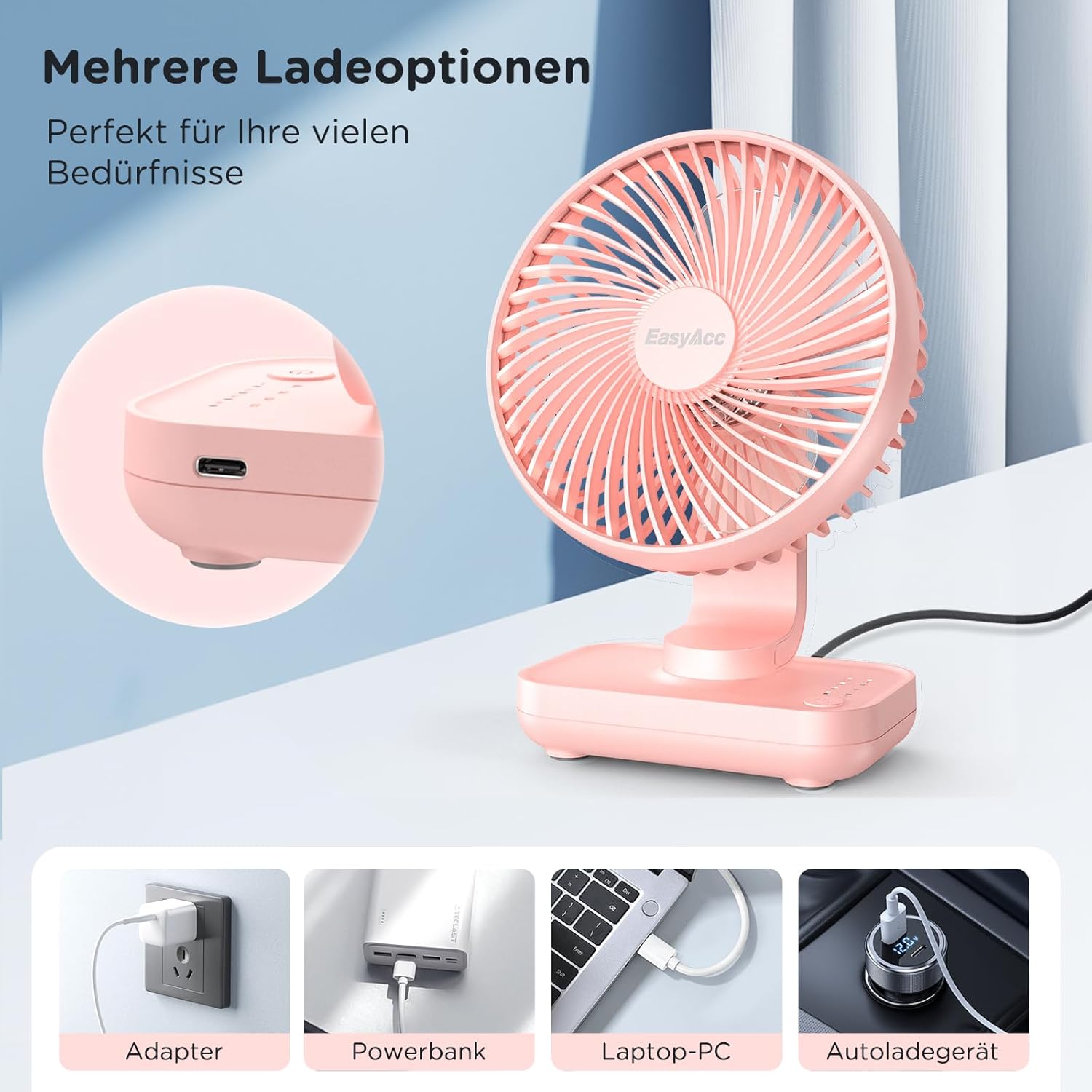 Thumbnail 5 de EasyAcc Tischventilator 4000 Akku – Tragbarer USB Tischventilator Rosa (13,8 x 7,5 x 18,3 cm, 296 g)