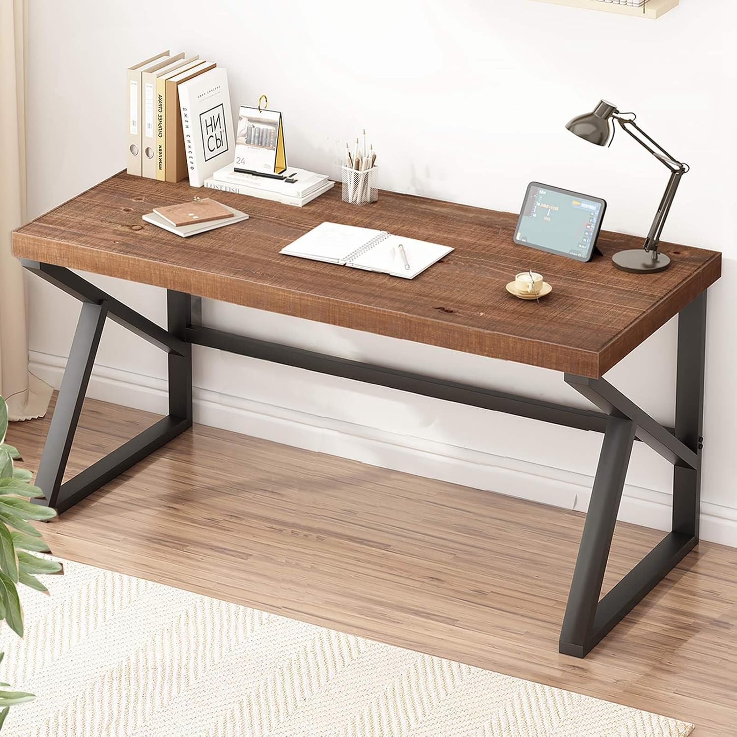 Thumbnail 3 de IBF scrivania in legno massello lungo in vero legno marrone, per PC e workstation, stile vintage/industriale