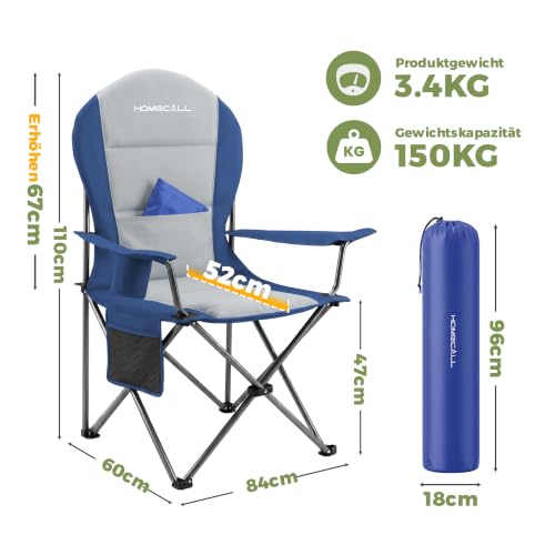 Detalle 2 de Homecall Campingstuhl Faltbar bis 150 kg – Angelstuhl Blau, 108 cm Rückenlehne (2 Stück)