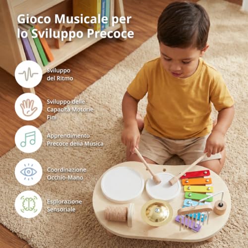 Detalle de Promise Babe Strumenti Musicali in Legno per Bambini da 1 a 3 Anni – Batteria Montessori con Xilofono, Tamburi e Percussioni