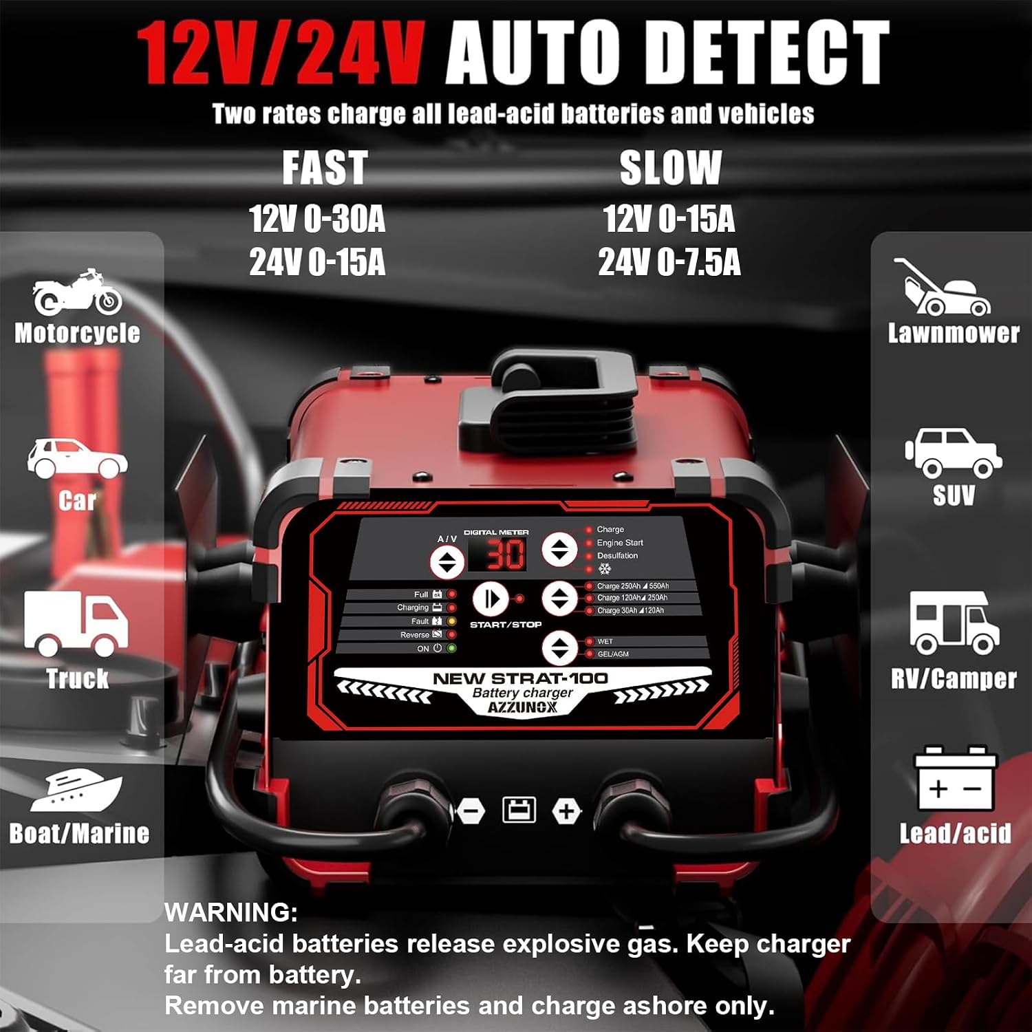 Detalle 2 de AZZUNOX 12V/24V Car Battery Charger & Engine Starter with 130 Cranking Amps