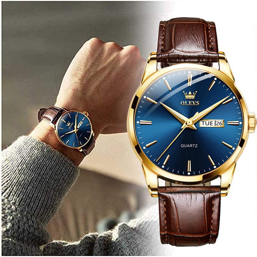 Detalle de OLEVS Herrenuhr mit braunem/ schwarzem Lederarmband – Quarz, Datum & Wochentag, Leuchtzeiger, 30 m wasserdicht