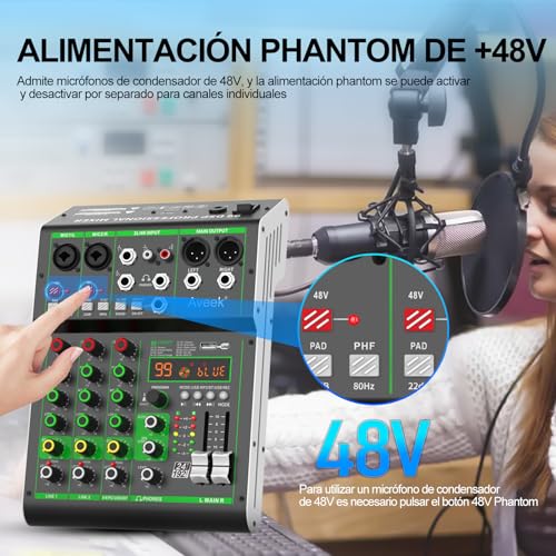 Thumbnail 6 de Aveek Mezclador de Audio de 4 Canales con USB/Bluetooth y Alimentación Fantasma 48V