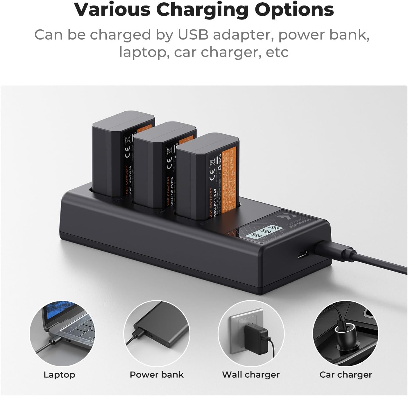 Thumbnail 4 de K&F CONCEPT NP-FW50 Ladegerät mit 3 Slots und LCD-Display (für Sony-ZV-E10, A7 II, A6400 & weitere)