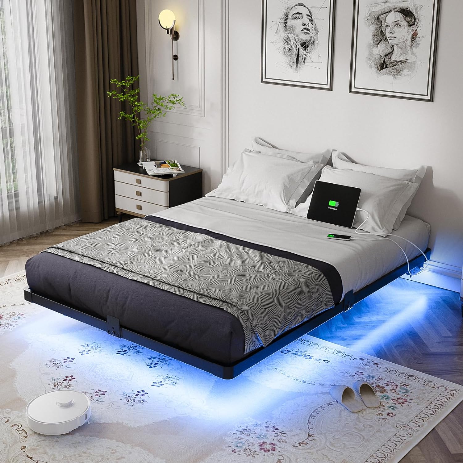 Detalle de OLEVS BF-F-005 Full Metal Platform Bed Frame with LED Lights and Charging Station