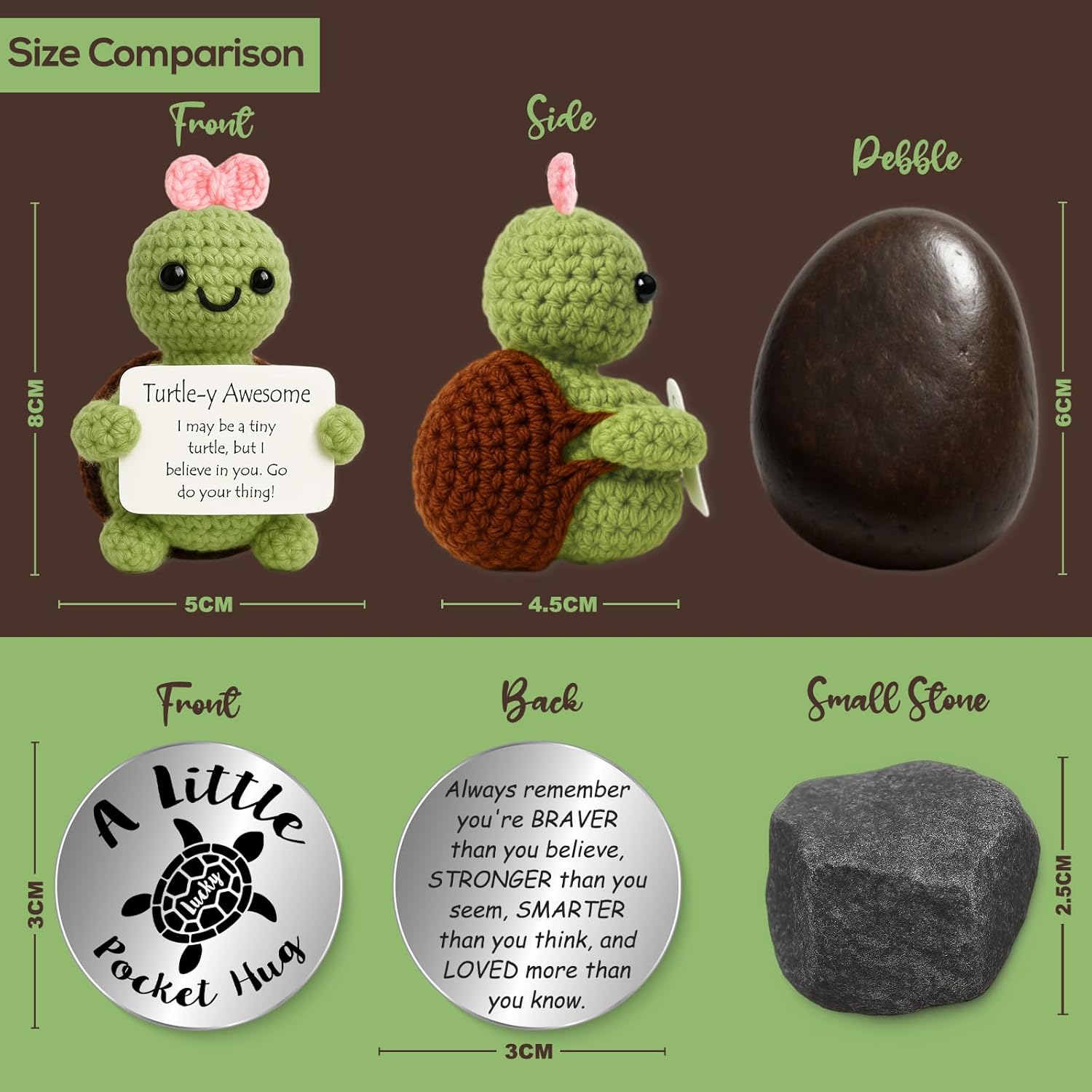 Thumbnail 1 de Tixlux Positive Turtle Gifts handmade knitted turtle doll with pocket hug lucky charm