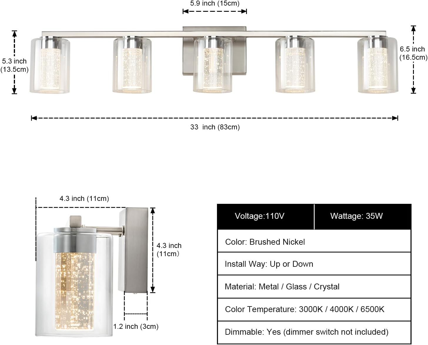 Detalle de SineRise b3f1f31a-54a6-43a6-adc3-c6c3ecce948c 5-Light Brushed Nickel Vanity Light