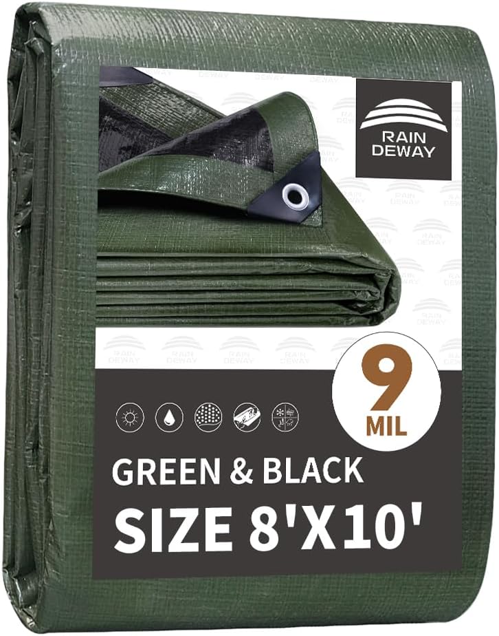 Detalle de RAINDEWAY Tarps 8x10 Feet Waterproof Poly Tarp (9Mil) with Metal Grommets – Green/Black
