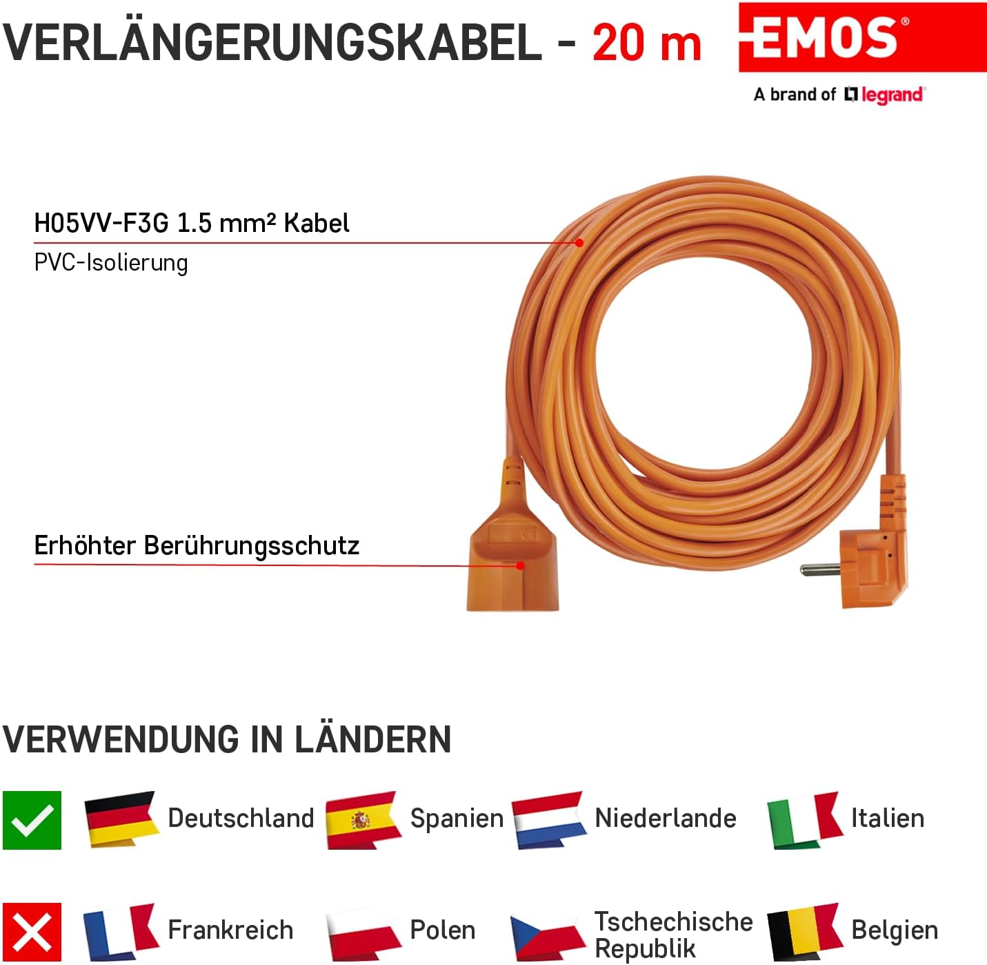 Thumbnail 2 de EMOS IP20 Verlängerungskabel 20 m – 1 Schuko-Steckdose, orange (bis 16 A / 3680 W, 1,5 mm²)