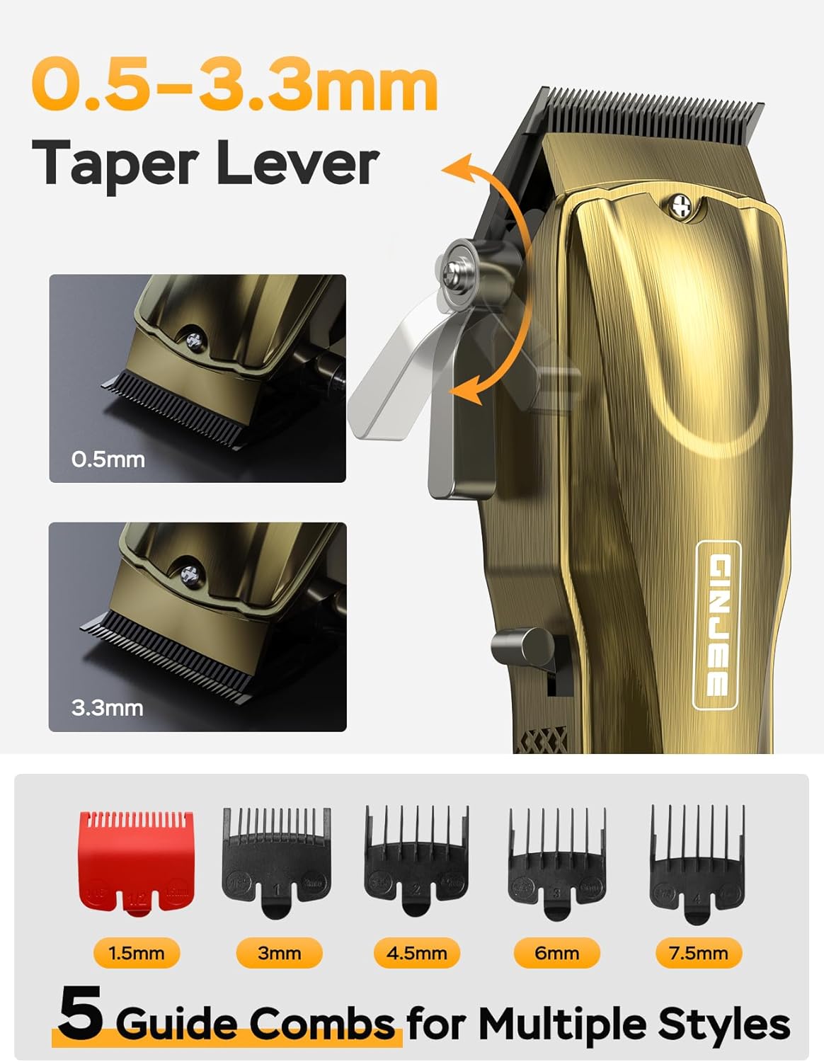 Thumbnail 2 de GinJee Cordless & Corded Hair Clippers for Men (Gold) with LED, 5H Runtime, Waterproof Blade