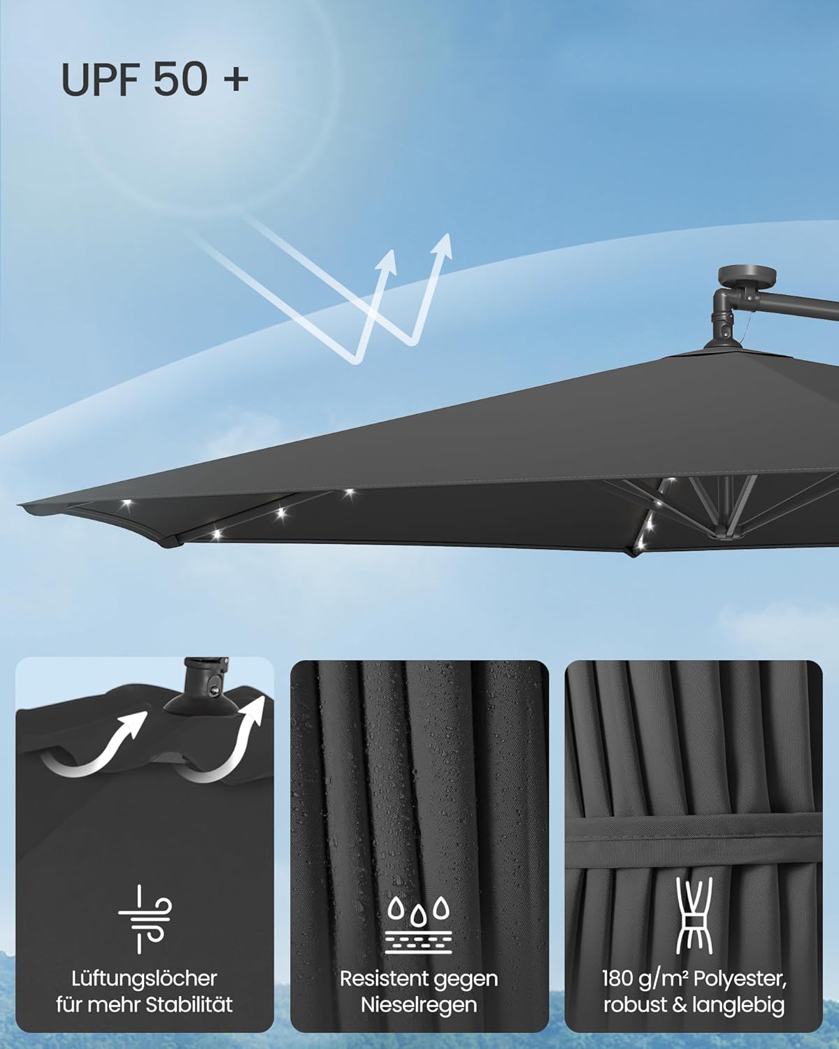 Thumbnail 3 de SONGMICS Ampelschirm 350 cm mit LED-Solar-Beleuchtung, 32 LEDs, UPF 50+, Kurbel und Ständer (grau) GPU119GZ01