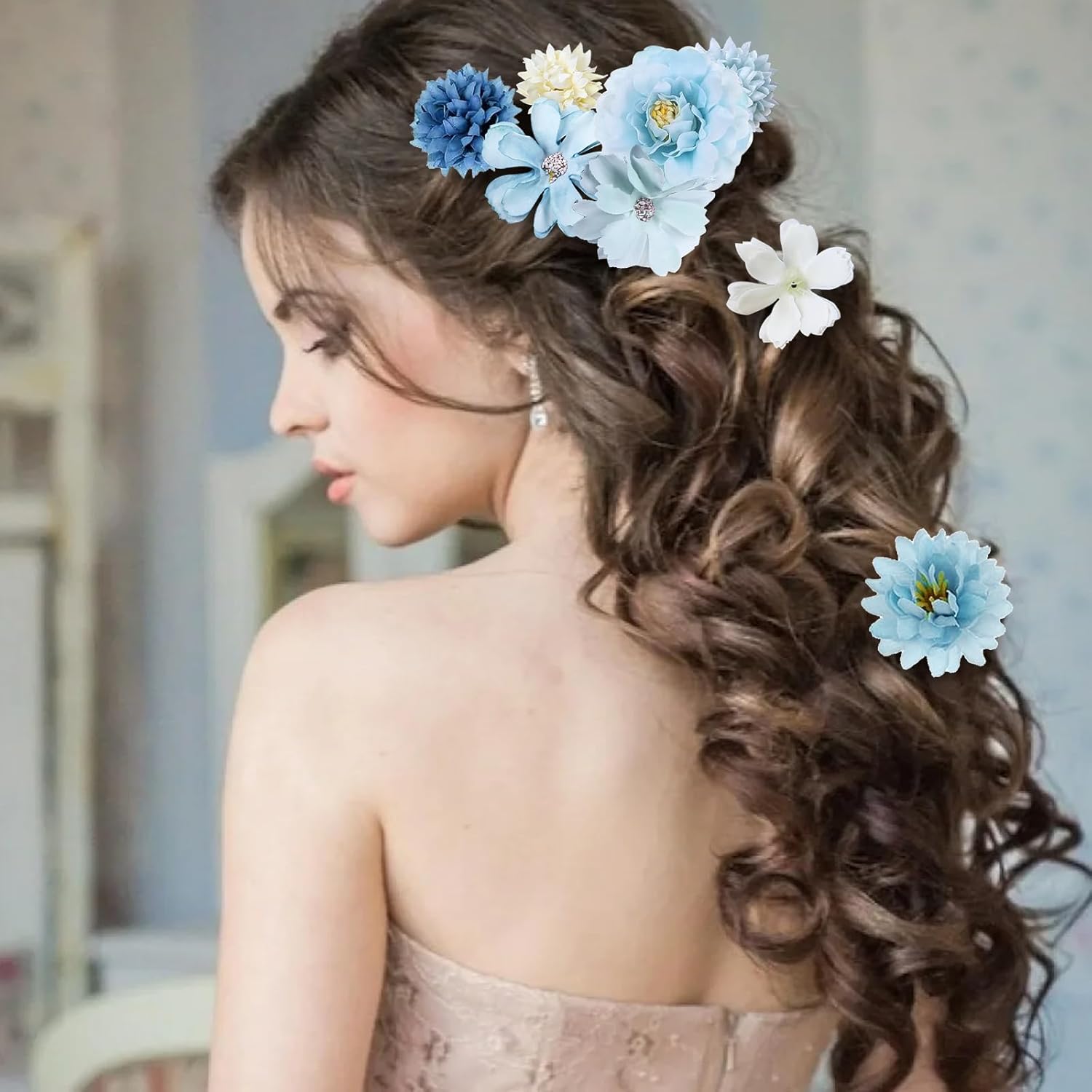 Detalle de Hurifeng Blumen-Haarklammer Blau – Haarschmuck-Blume für Damen und Mädchen