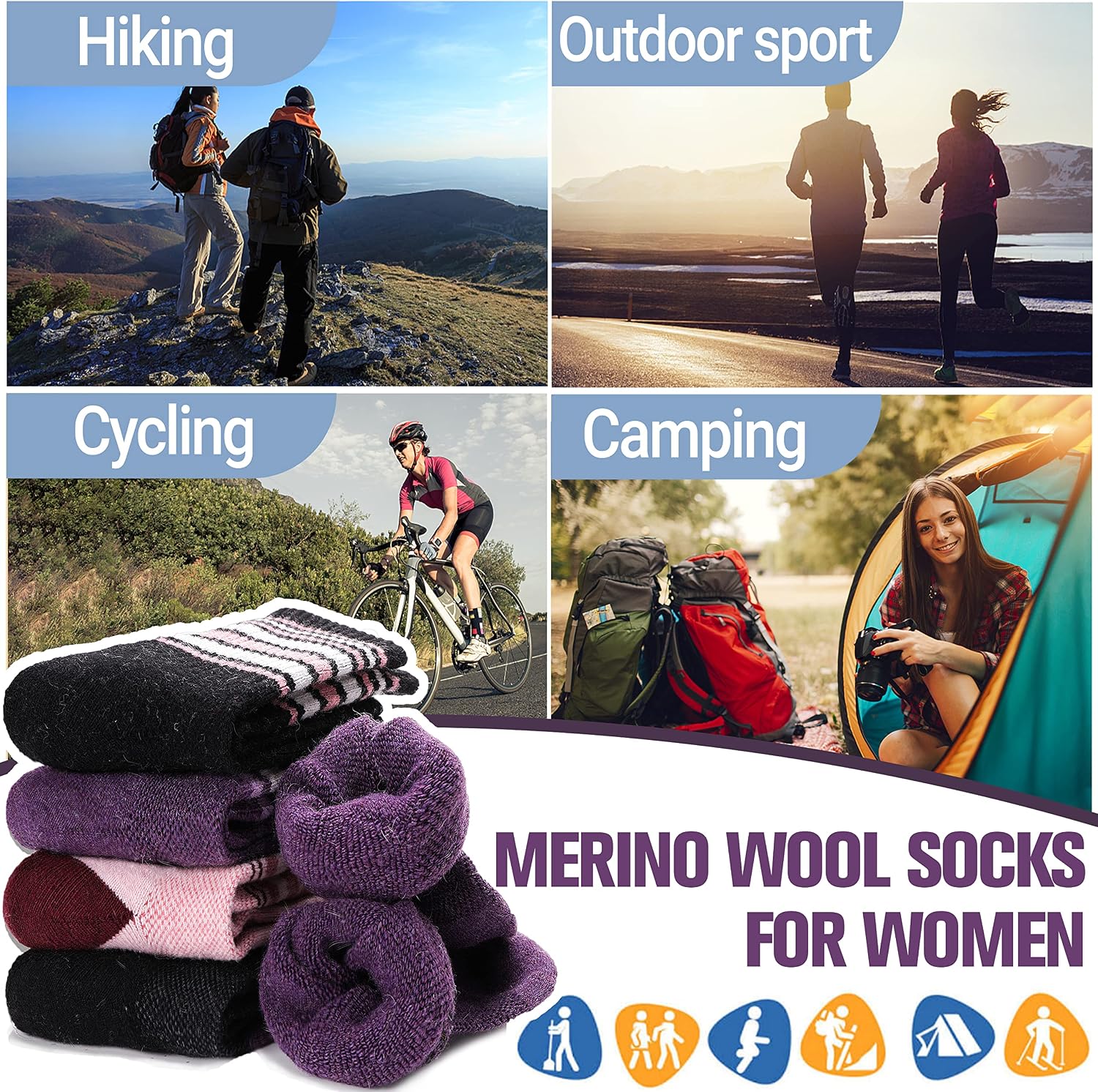 Thumbnail 6 de Anlisim Merino Wool Crew Socks for Women, Hiking, Running, 5 Pairs