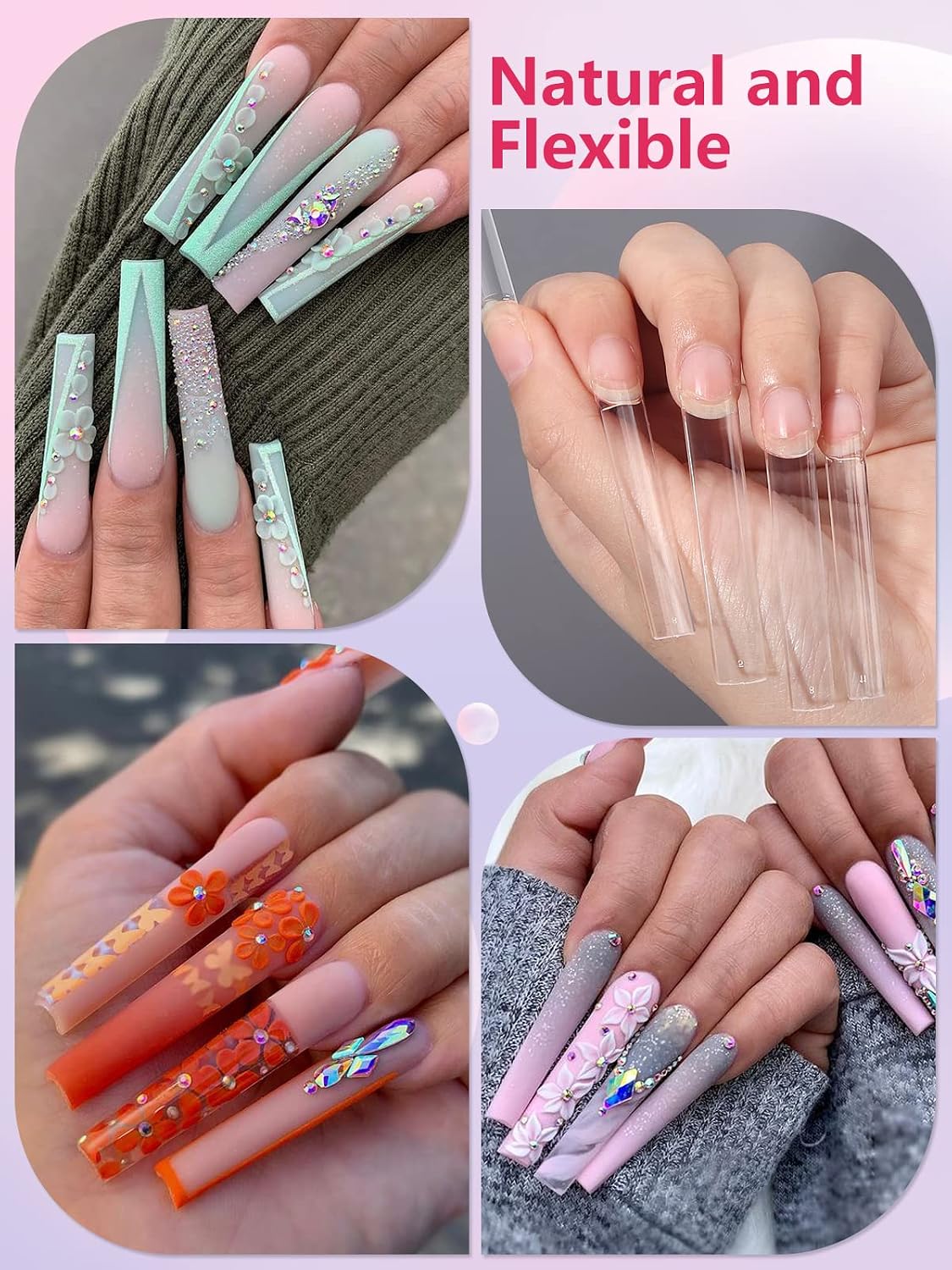Detalle de LIONVISON 3XL Clear Square Nail Tips, 504 Pieces, Flat No-C-Curve, 12 Sizes