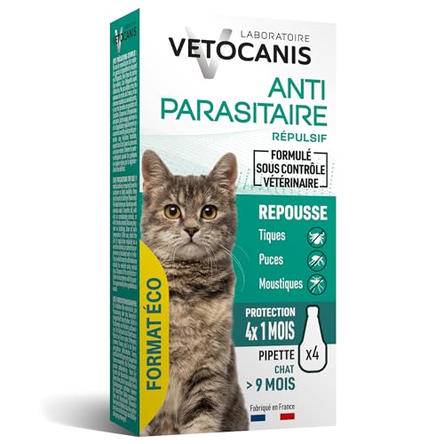 Vetocanis Pipettes Anti-Puces Chat 9 Mois + Pack Eco x4 – Repousse puces, tiques et moustiques