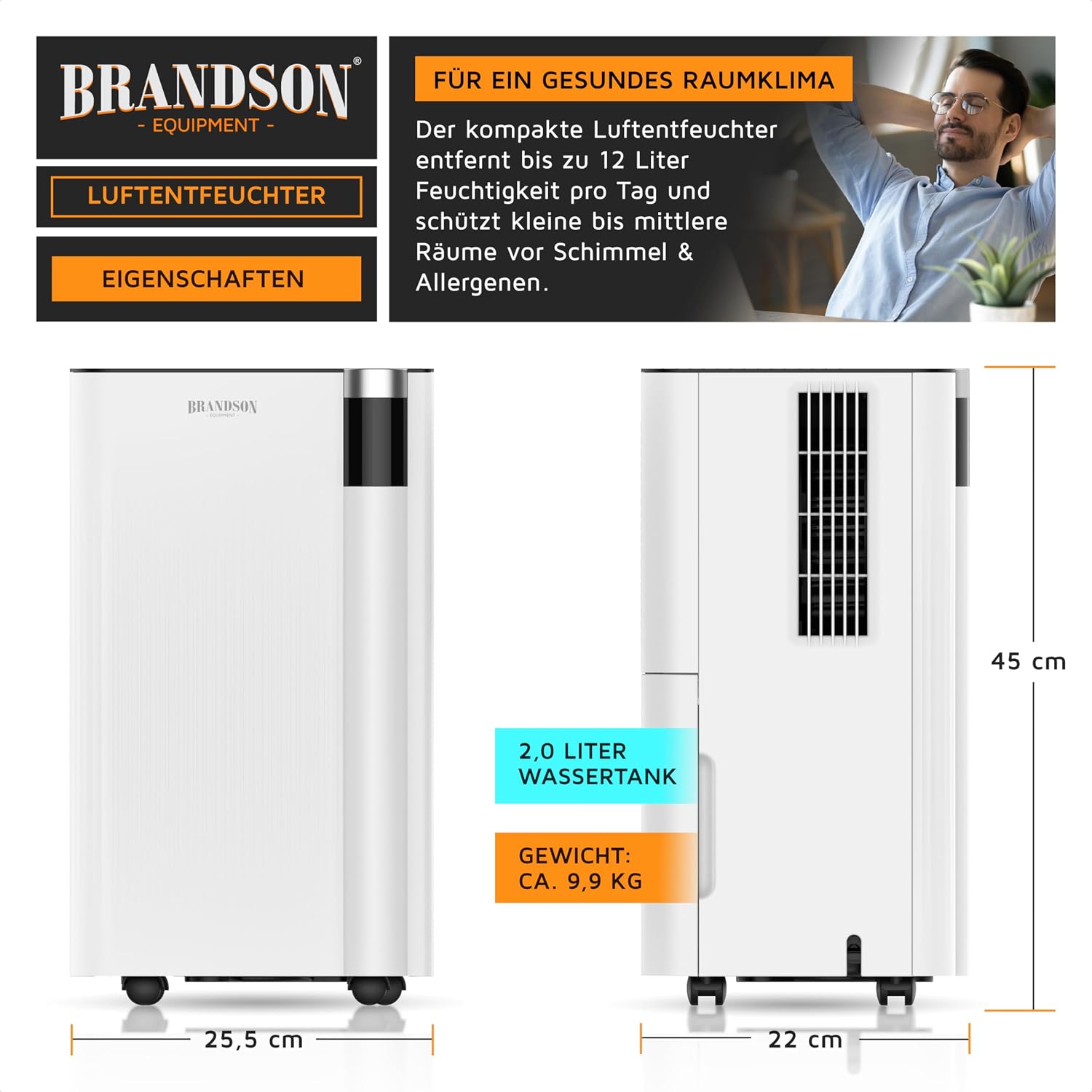 Detalle 2 de Brandson WLAN-Luftentfeuchter mit Kompressor, 12 Liter, App-Steuerung & Alexa-Kompatibilität