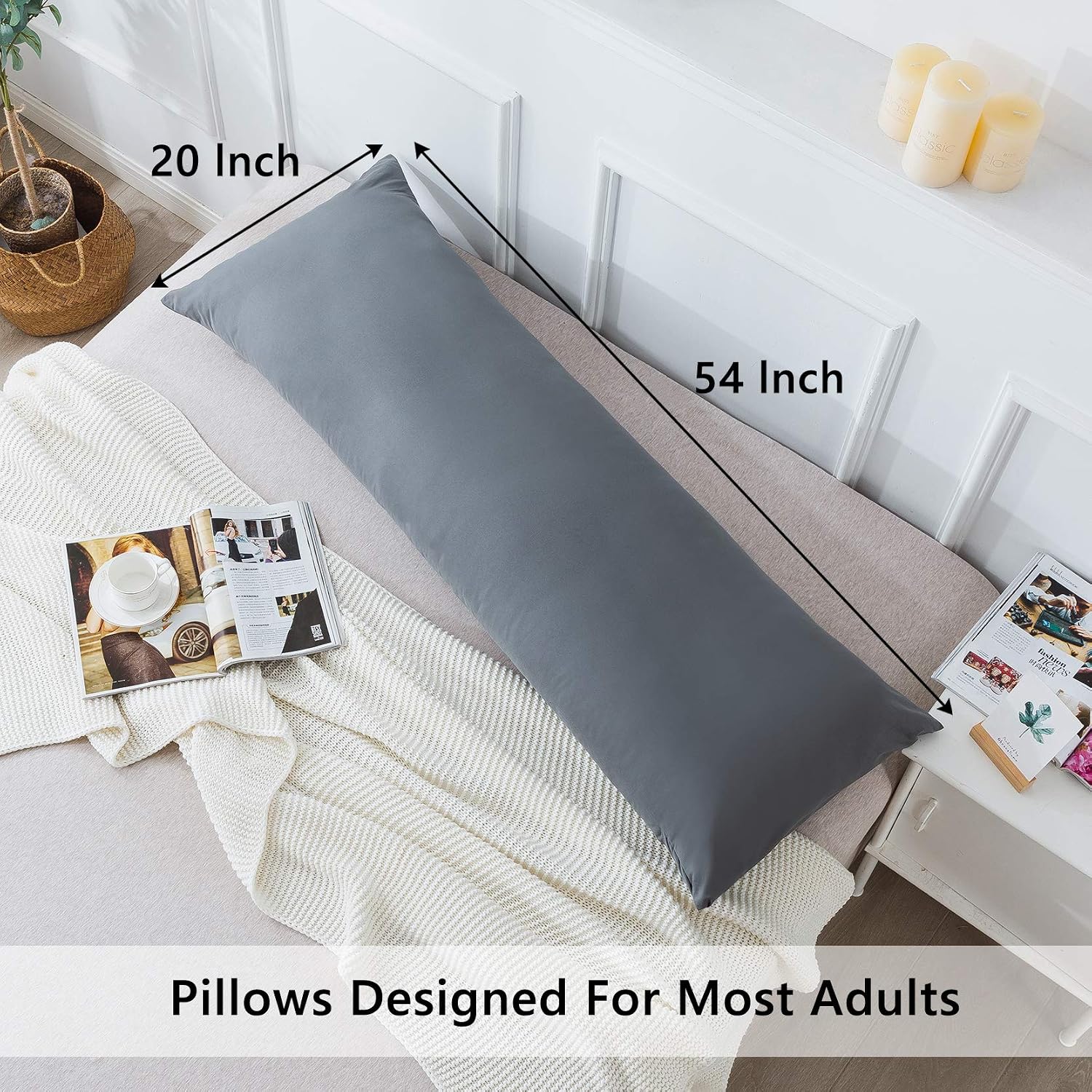 Detalle de ELNIDO QUEEN EQ-BP-W Body Pillow, 20 x 54 in, Removable Grey Cover