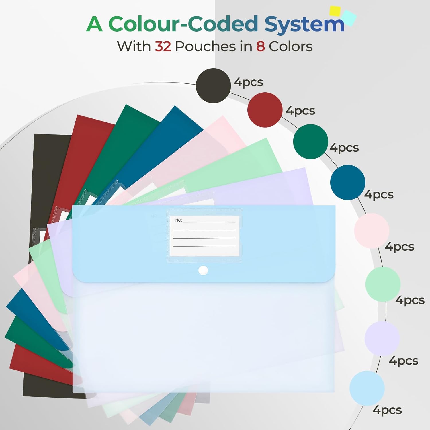 Thumbnail 3 de Euqvunn lot de 32 pochettes A4 en plastique PP, 8 couleurs avec bouton-pression