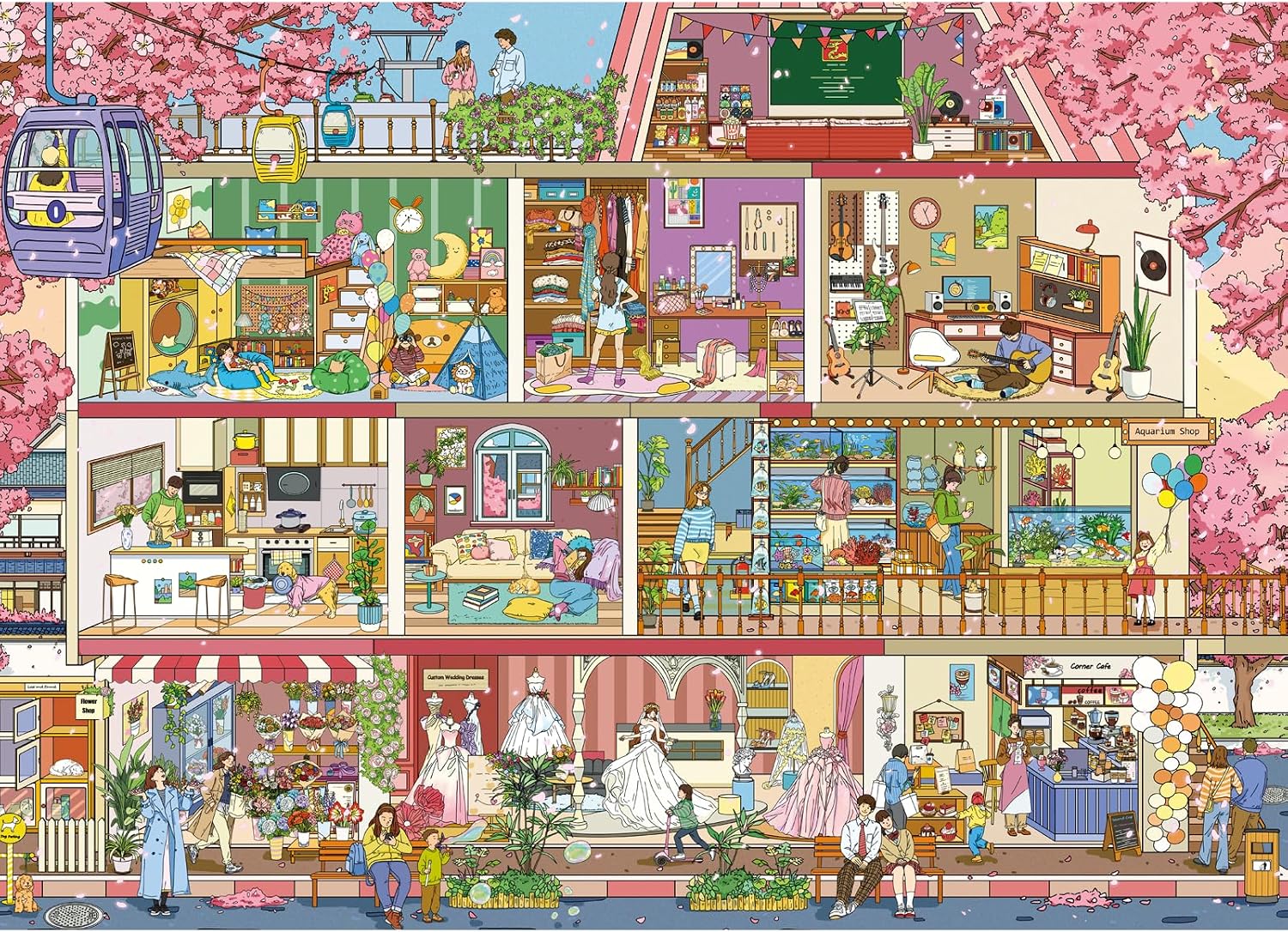 Detalle de HUADADA 1000 Pieces Jigsaw Puzzle – Sakura Town (70 x 50 cm)