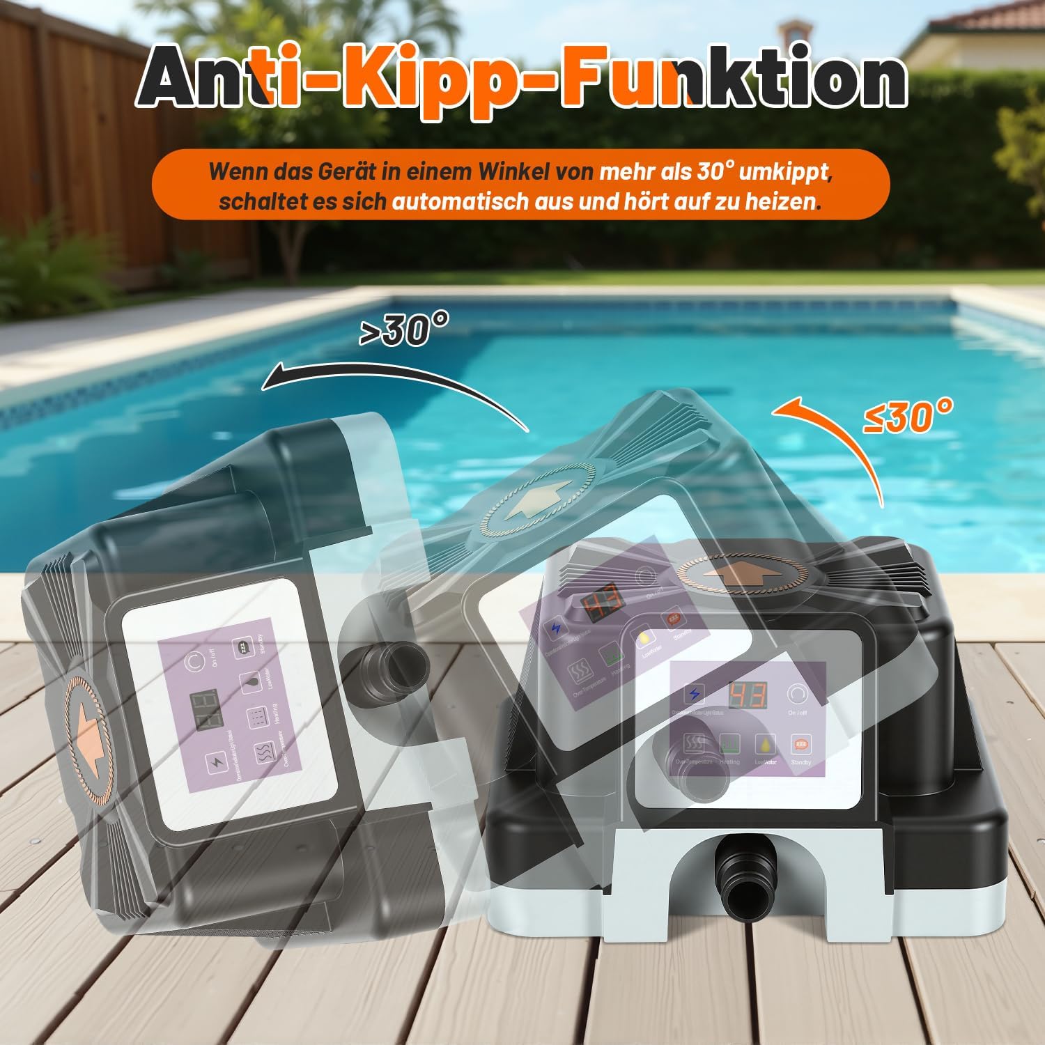 Detalle de Hebitod Riscaldatore per Piscina 3 kW: calore affidabile all’aperto (32–38 mm) con display