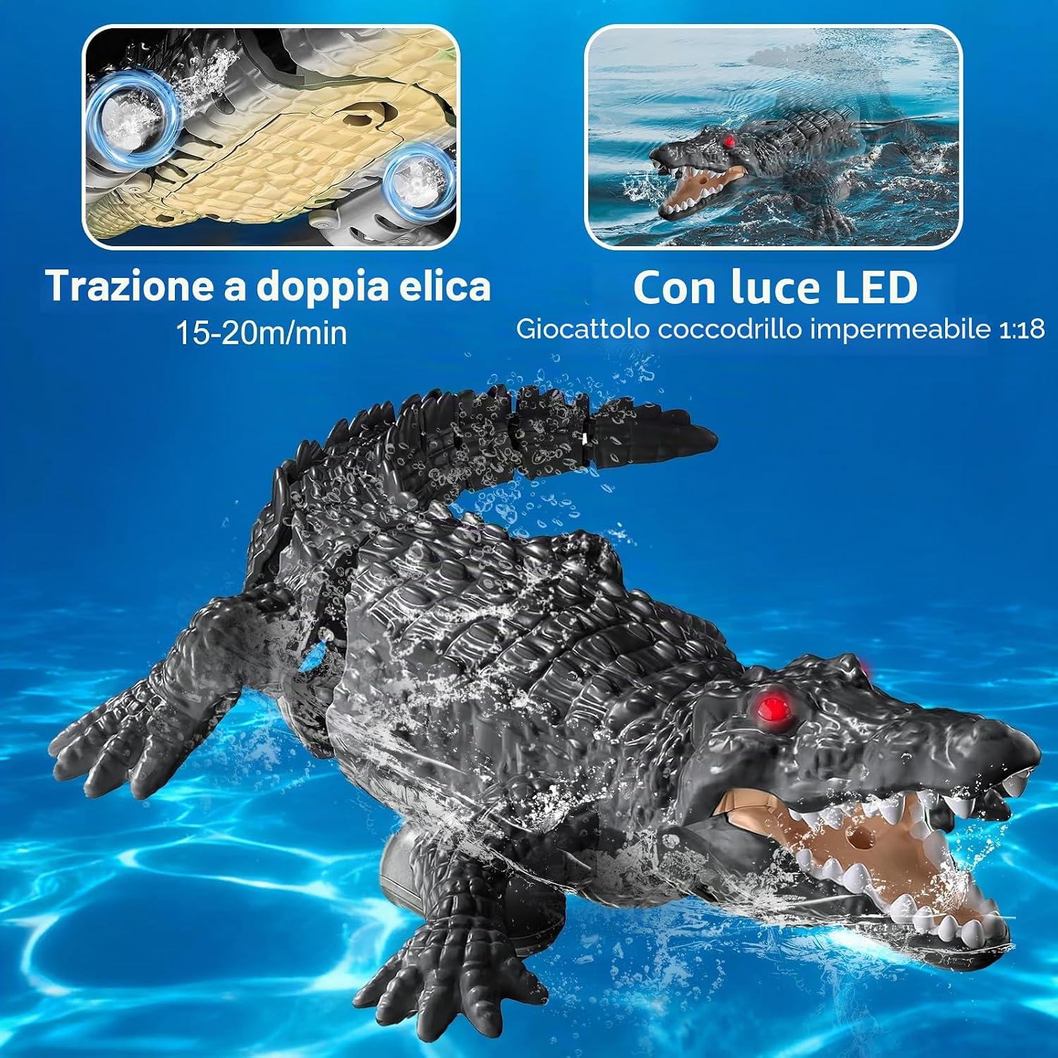 Detalle de 3T6B Barca Telecomandata RC Coccodrillo: giocattolo acquatico luminoso con doppie eliche e controllo 2.4G