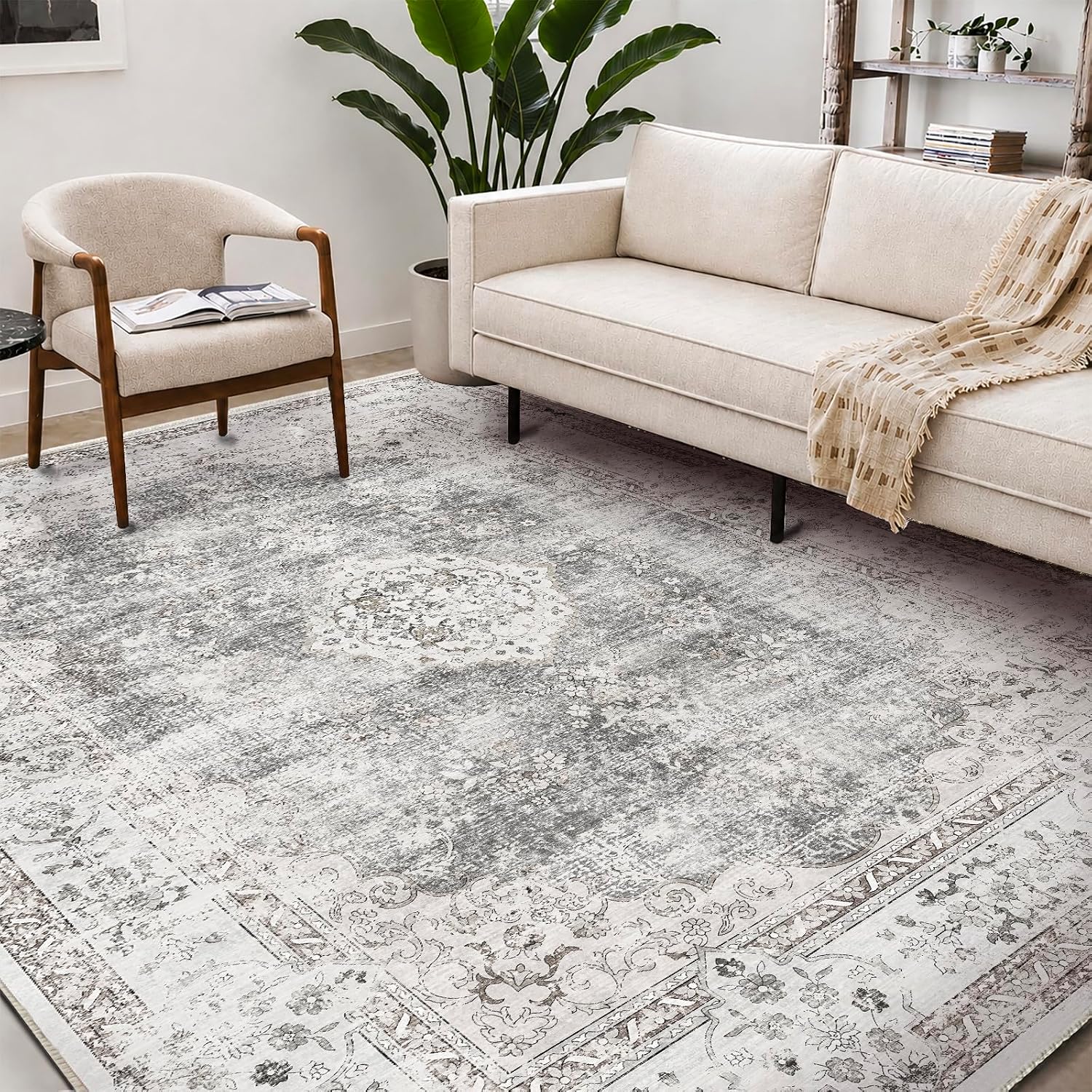 Thumbnail 1 de CHAMPLANT 9'x12' Washable Area Rug – Retro Boho Floral, Non-Slip, Ultra-Thin for High-Traffic Spaces