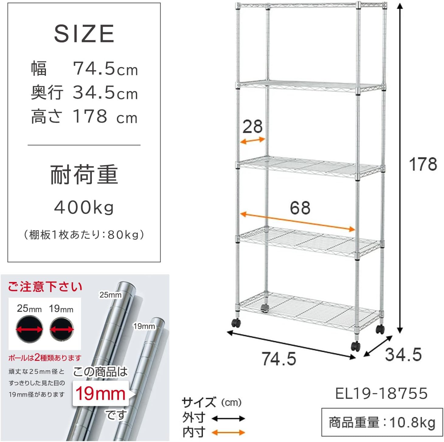 Detalle 2 de ルミナス EL19-18755 メタルラック キャスター付き5段 幅74.5cm・防錆加工