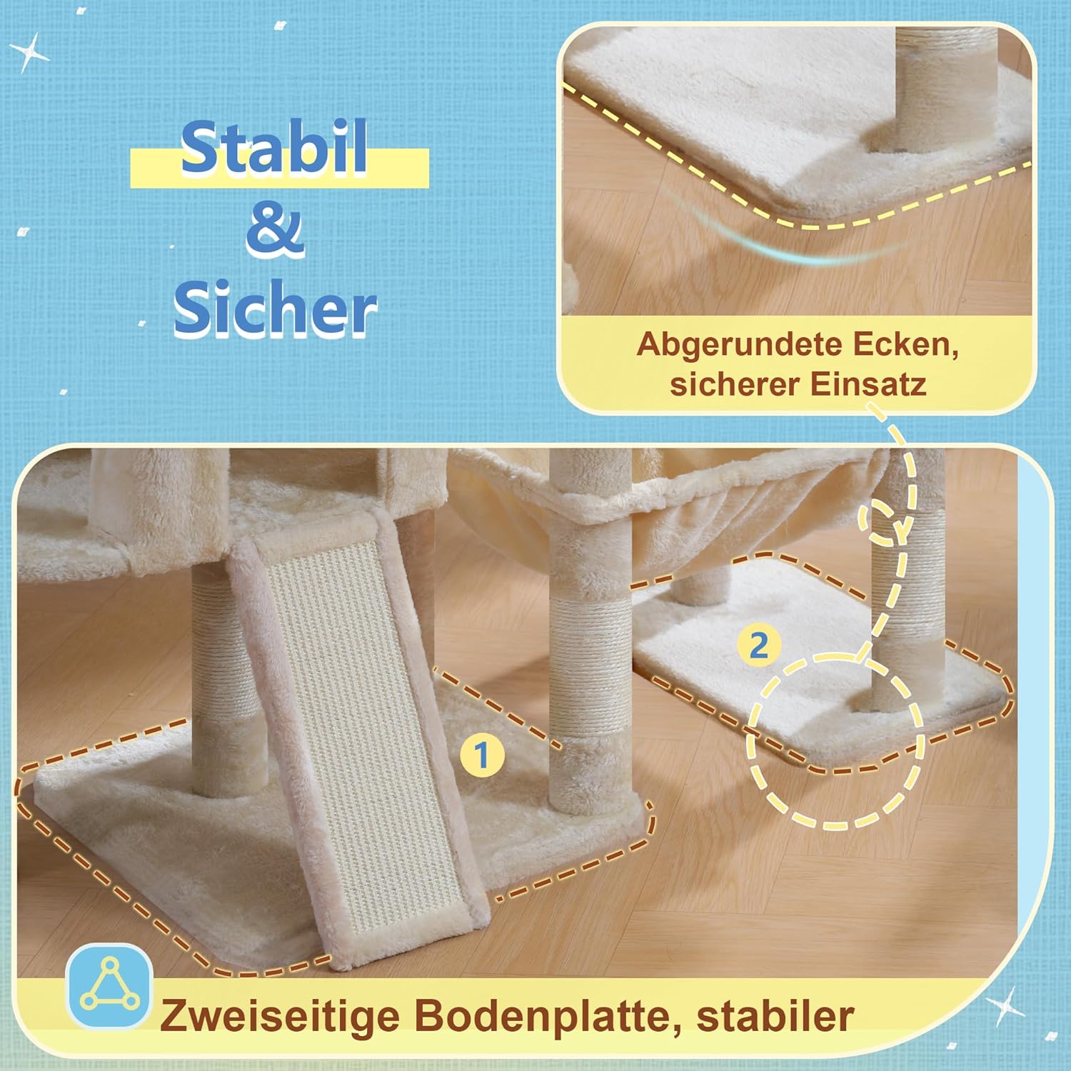 Thumbnail 6 de Hey-brother Kratzbaum stufig für Großkatzen mit 3 Katzenbetten, großer Hängematte und Sisalkratzbrett (160 cm, beige)