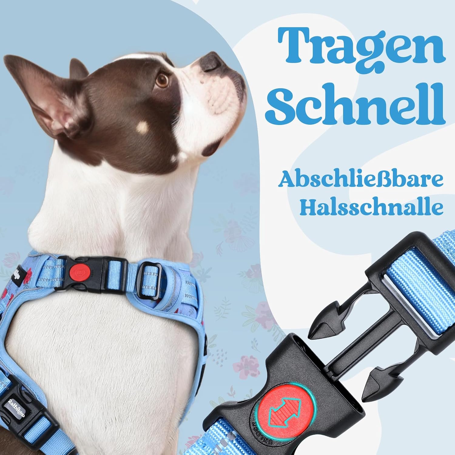 Detalle de rabbitgoo Hundegeschirr für große Hunde (verstellbar, Anti-Zug) – mit Griff, reflektierend, weich gepolstert – Blumen Blau L