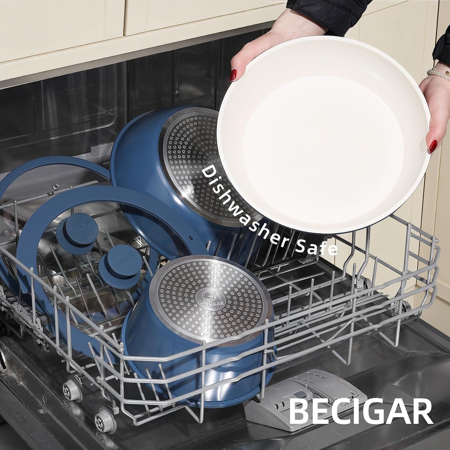 Detalle de BECIGAR 8-Piece Ceramic Nonstick Cookware Set with Detachable Handle (Induction & Oven Safe)