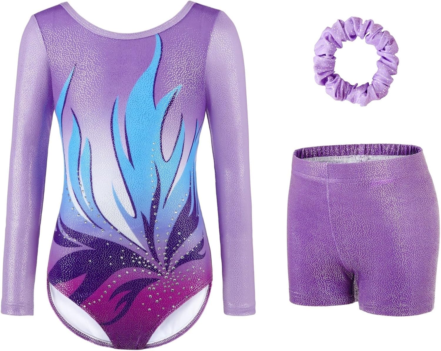 Detalle de Girls’ three-piece gymnastics leotard set with sparkling gradient design (leotard, shorts & hairband)